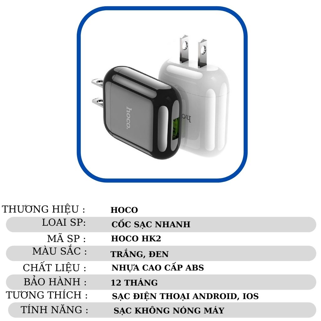 Củ sạc iphone cốc sạc nhanh Hoco 3.4A 1 cổng cóc sạc hoco HK2 cục sạc chính hãng bảo hành 12 tháng