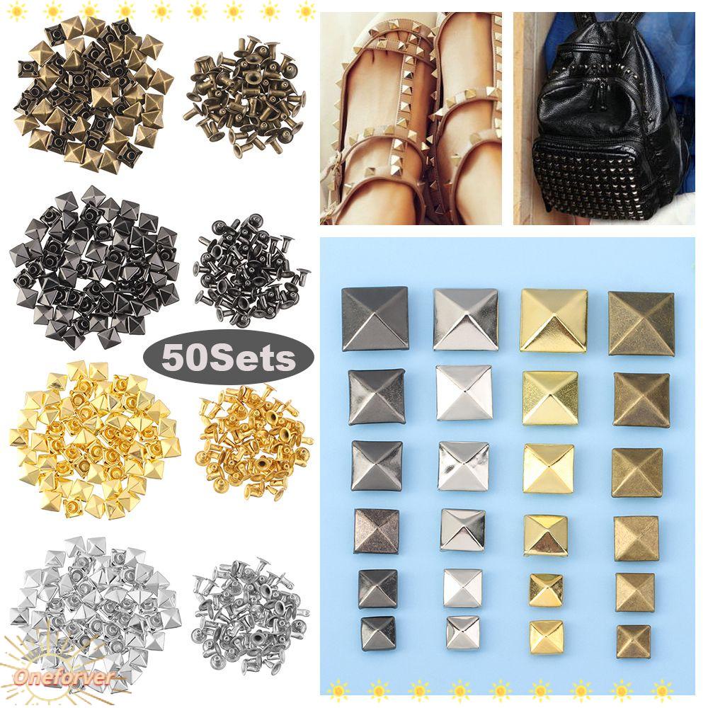 Bộ 50 đinh tán hình kim tự tháp vuông bằng kim loại nhiều màu sắc dùng trang trí đồ thủ công DIY