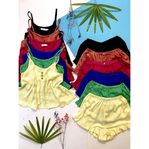 Bộ đồ mặc nhà quần đùi 2 dây lụa 3 nút Infashion