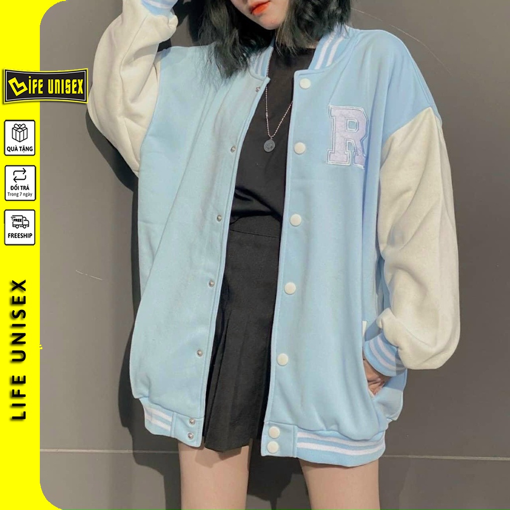 Áo Khoác Bomber Nỉ BOMBER CHỮ R Nam Nữ Ulzzang Unisex Có Nút, Áo Khoác Nỉ Form Rộng LIFE UNISEX
