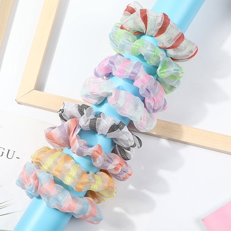 Dây cột tóc co giãn bọc vải chiffon mềm kẻ sọc màu xinh xắn cho nữ