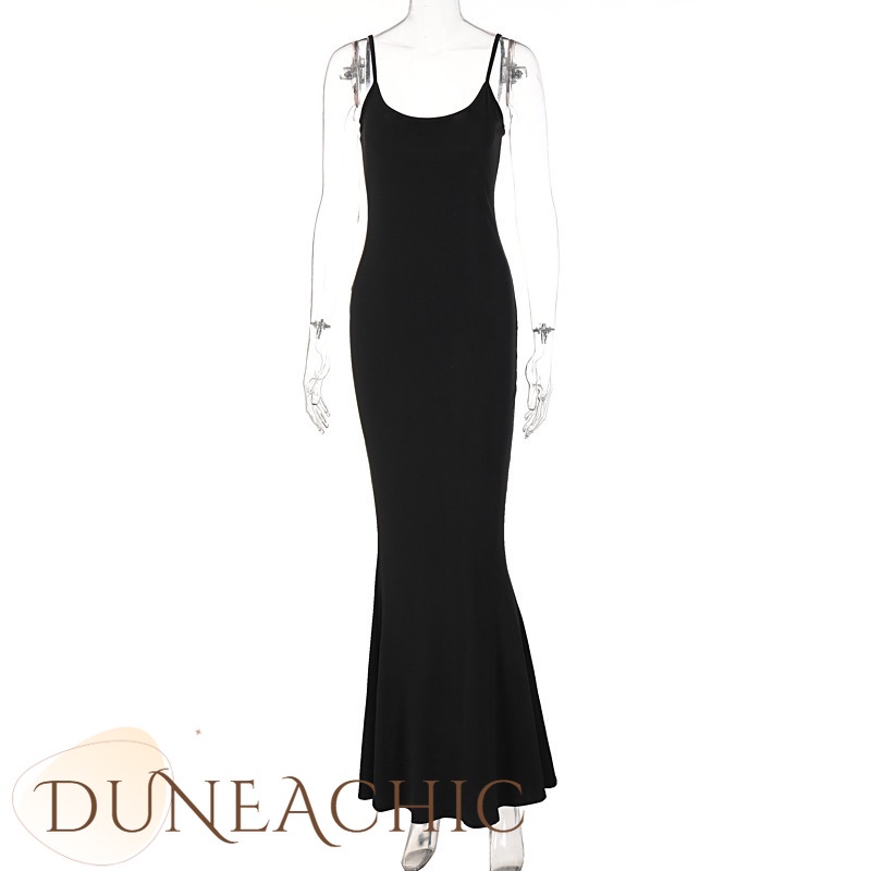 DUNEA Đầm maxi hai dây hở lưng màu trơn quyến rũ cho nữ