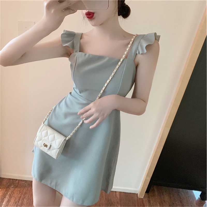 Đầm Mini Không Tay Vai Trần Nhún Bèo Màu Sắc Thời Trang Mùa Hè Quyến Rũ Cho Nữ