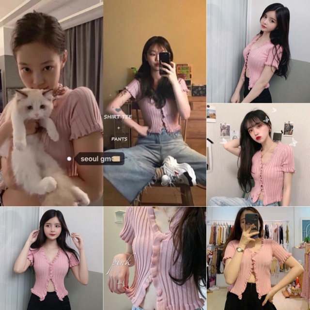 Áo Kiểu NEVER STOP CROPTOP màu HỒNG thiết kế gài nút 1 nửa khoe vòng eo chất len dày co giãn hàng nhập quảng châu