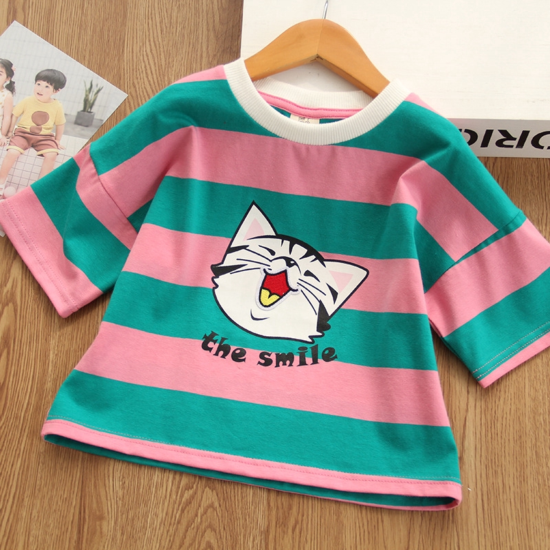 Áo thun ngắn tay họa tiết sọc cầu vồng cho bé gái