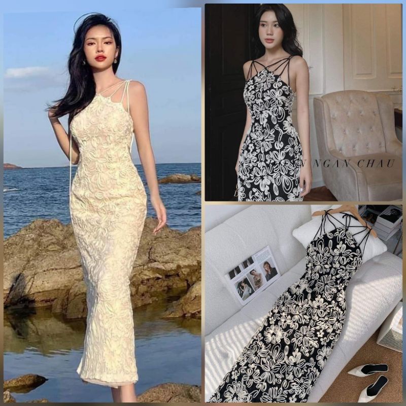 Đầm ren nổi 2 đan dây dự tiệc sang trọng vải co giãn