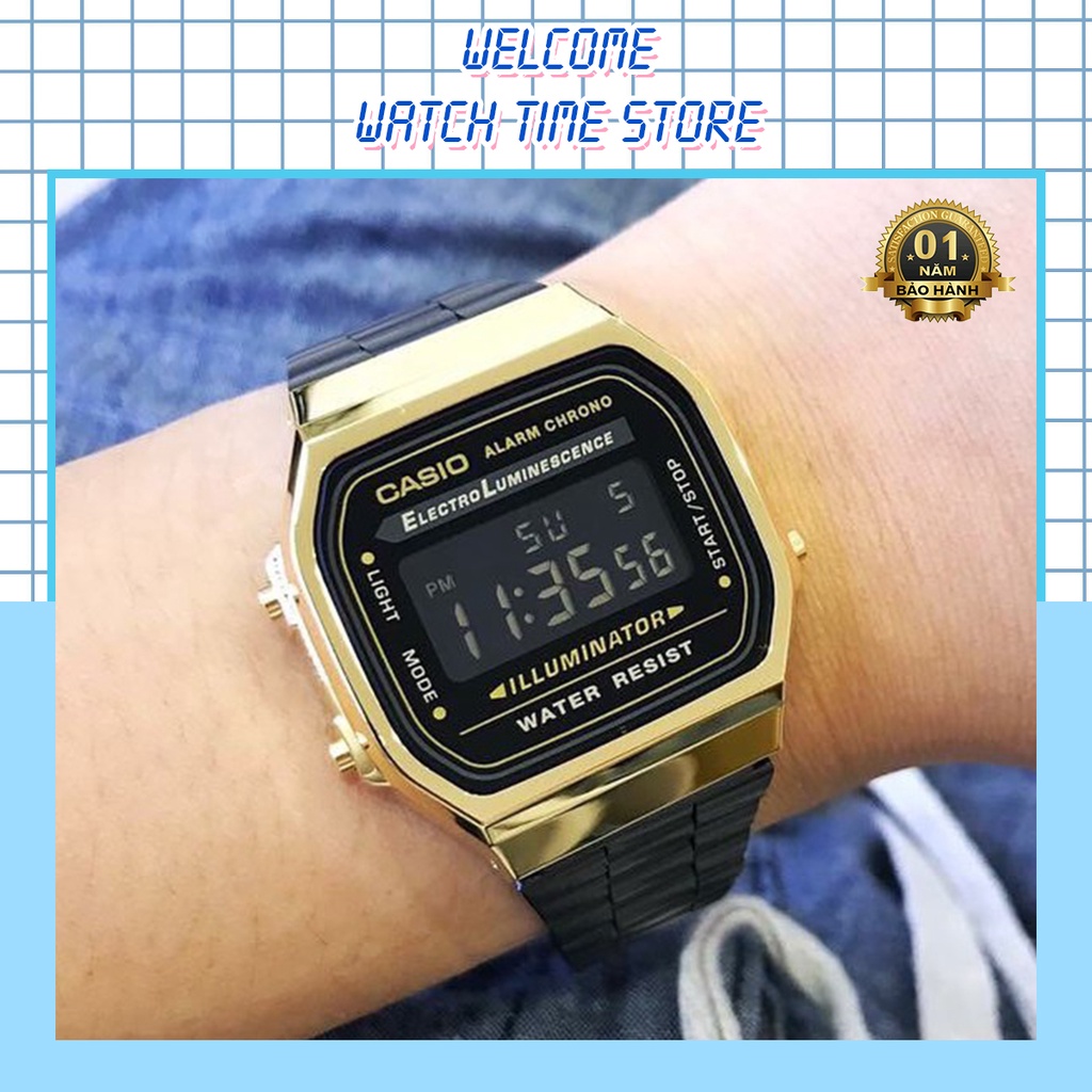 Đồng hồ Nam Casio Vintage A168 Gold Black - Chống Nước, Dây Thép Không Gỉ, Sang Trọng