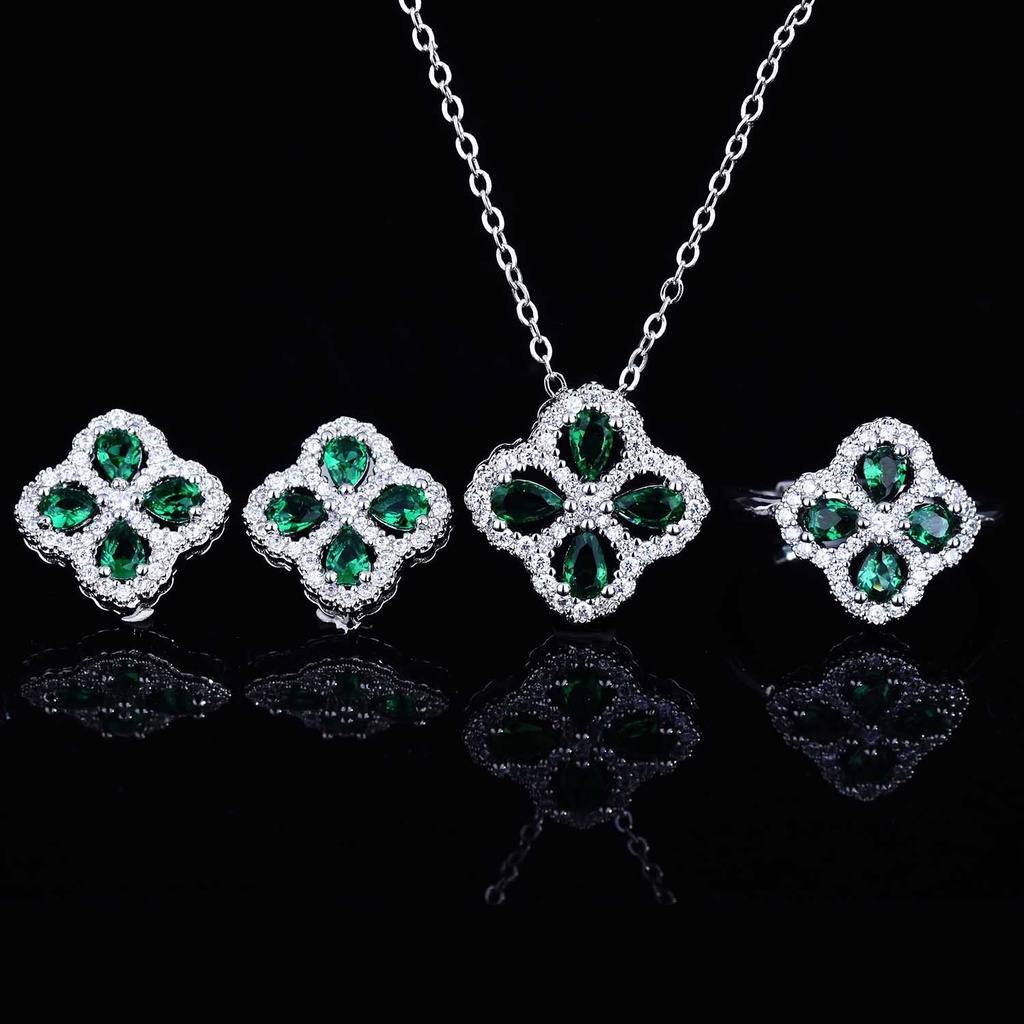 Set Vòng cổ + đôi khuyên tai + nhẫn hình cỏ bốn lá đính đá xanh lá may mắn
