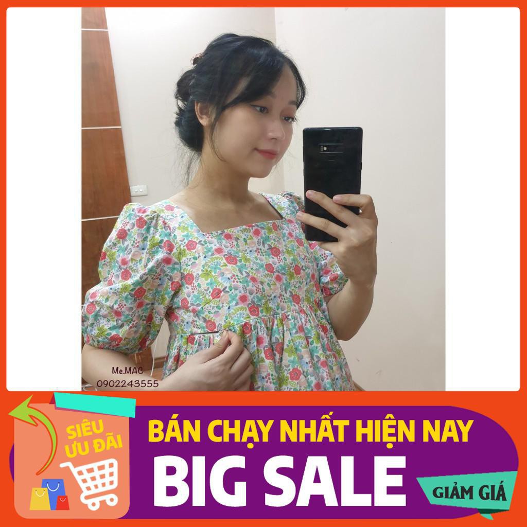 🌹XẢ🌻Váy Bầu & Sau Sinh hoa nhí 3 MÀU hot hit có khoá kéo cho con ti, cổ vuông sang chảnh đàm xuông big size