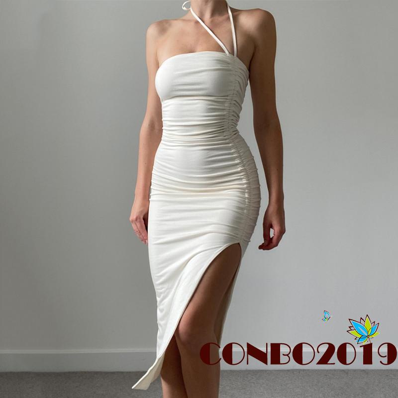 Hgm-đầm Ống Có Dây Rút Màu Trơn Xẻ Tà Cao Mùa Hè Có Thể Điều Chỉnh Cho Nữ