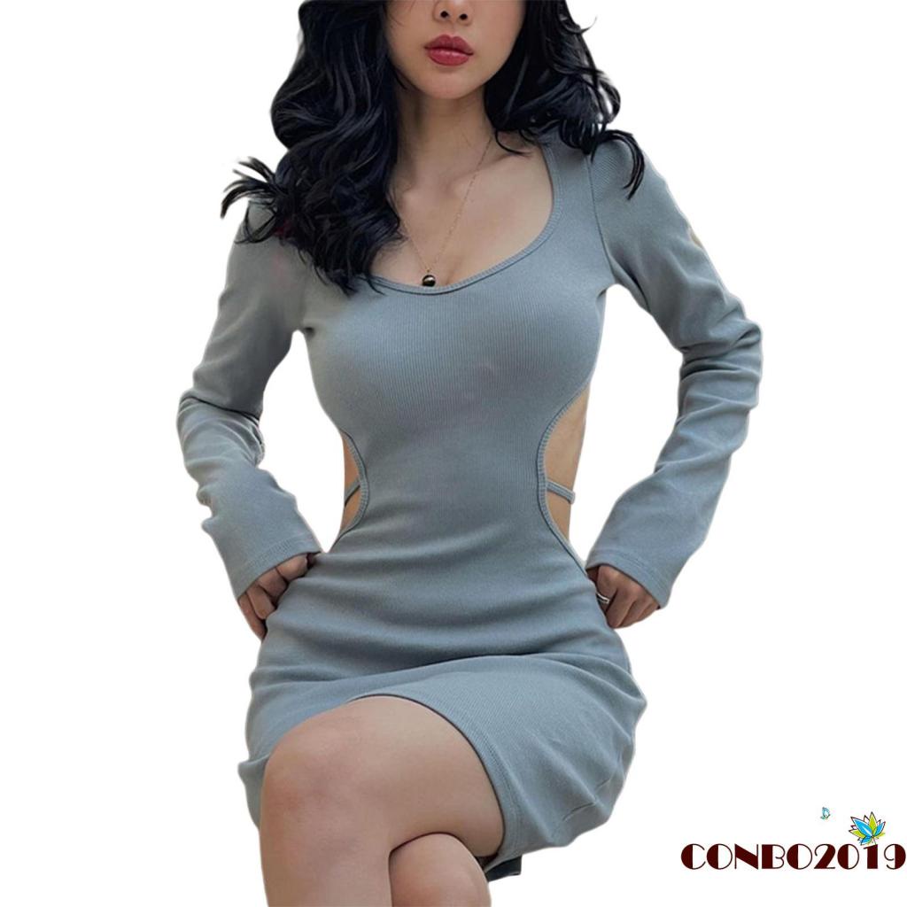 HGM-Women Short Bodycon Dress Solid Color Back Hollow-Out Long Sleeve Low-Cut Dress