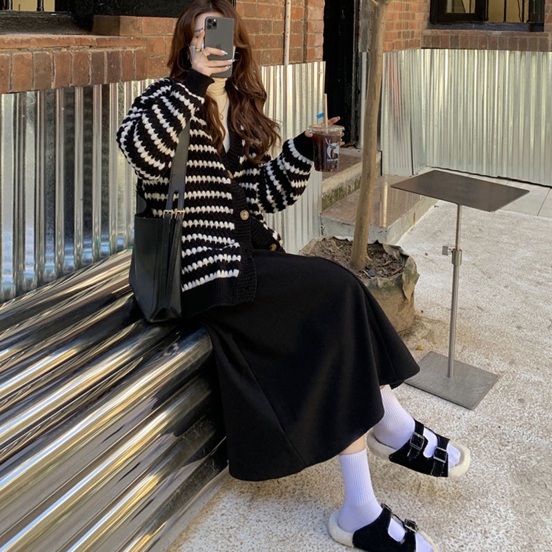 Áo khoác cardigan XINLANYASHE dệt kim cổ chữ V dáng rộng kẻ sọc thời trang thu đông dành cho nữ áo khoác lông tim