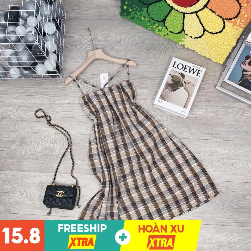 Đầm 2 Dây Babydoll Kẻ Caro, Váy Nữ Xòe Dáng Lỡ Hở Lưng Xinh Xắn