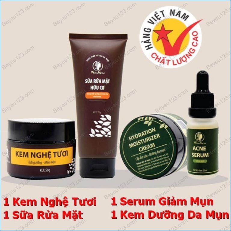 COMBO Chăm sóc chuyên sâu da mặt cho Mẹ Wonmom (1 Kem Nghệ Tươi + 1 Sữa Rửa Mặt + 1 Kem Dưỡng Da Mặt + 1 Serum Mụn)