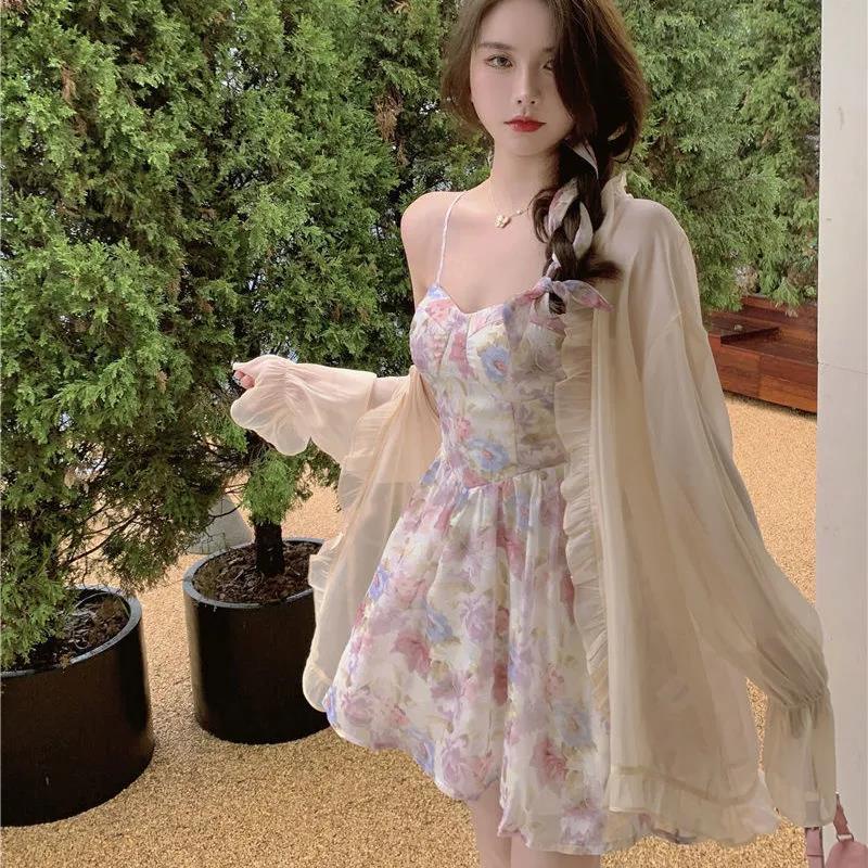 Bộ áo khoác cardigan + đầm hai dây họa tiết hoa thời trang mùa hè 2022 cho nữ (có bán lẻ)