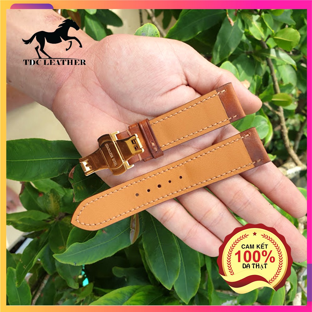 Dây da đồng hồ cao cấp HANDMADE 034 - Dây da Bò thật 100%, Loại độn sống lưng, Khâu tay thủ công - Khóa bướm - Màu Nâu