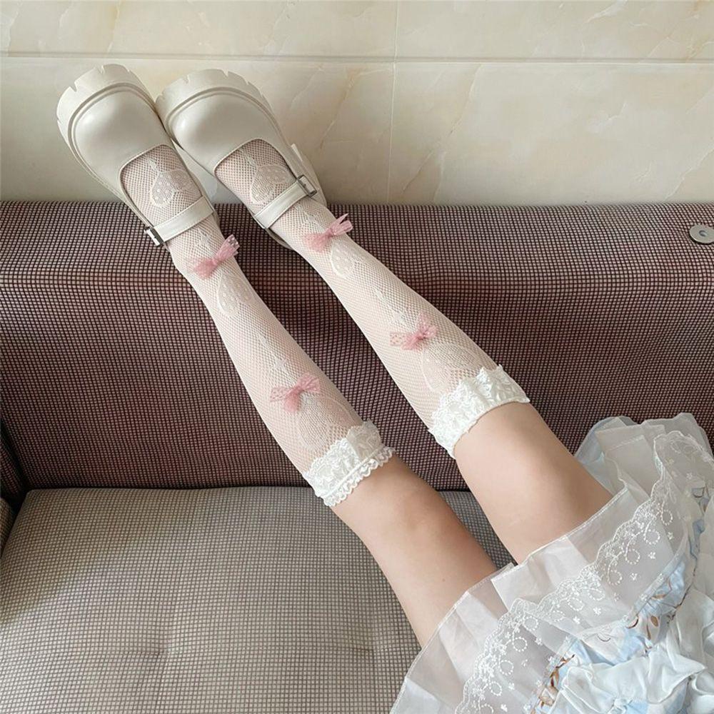 Vớ Cao Ngang Bắp Chân Bằng Nylon Đính Nơ Họa Tiết Kẹo Mút Jacquard Lolita Dễ Thương Cho Nữ