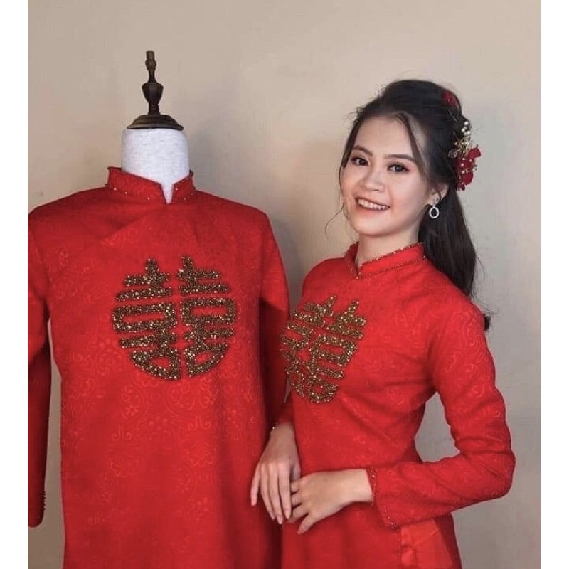 áo dài gấm cặp đỏ big size áo dài cưới