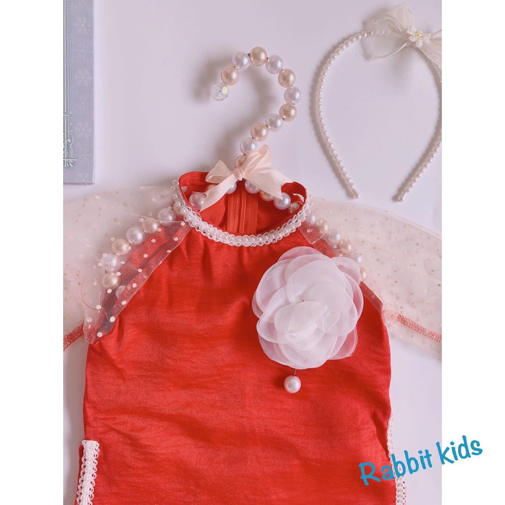 Áo Dài Cách Tân Bé Gái FREESHIPTẶNG BỜM NGỌC-Rabbit Kids-Đầm Tết Cho Bé Lụa Đỏ Tay Lưới Nhung