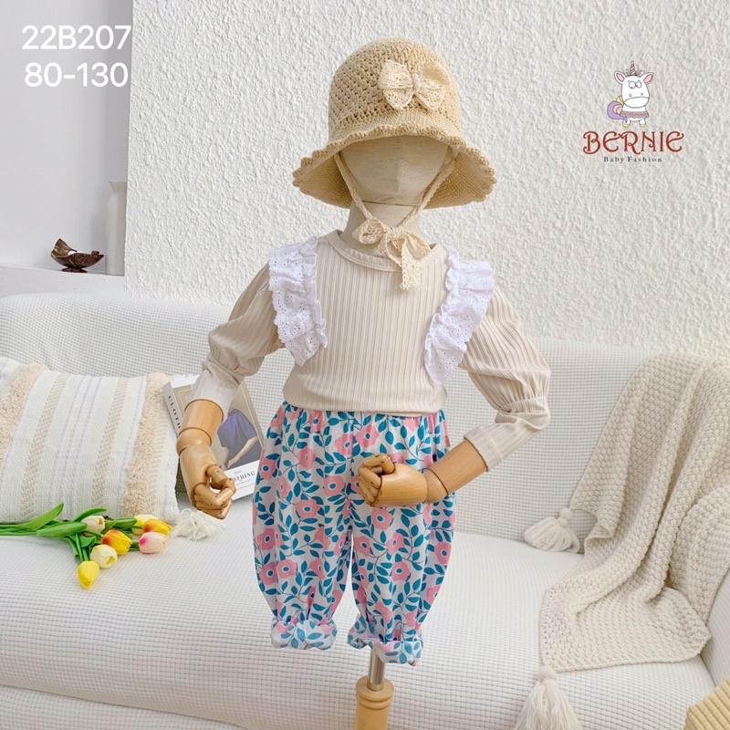 Bộ bé gái Bernie tay bồng phối ren chất cotton cho bé từ 9-22kg-22B207