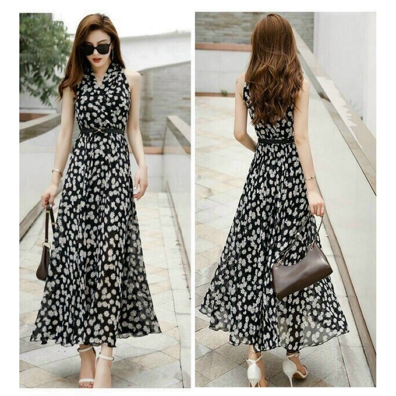 Đầm Maxi Hoa Cúc Cổ V Sát Nách Kèm Nịt Chất Mềm Mát Váy Đi Biển Dạ HộiThời Trang Trung Niên 40-65kg Siêu Đẹp