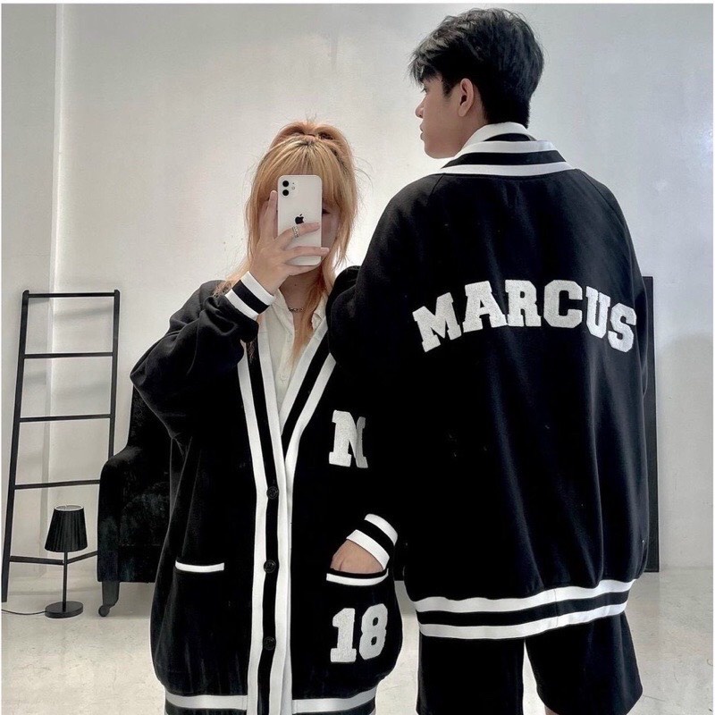 Áo cardigan đen 18 phối viền trắng from rộng  Áo khoác unisex thu đông chất nỉ cotton dày mịn ANASHOP9X