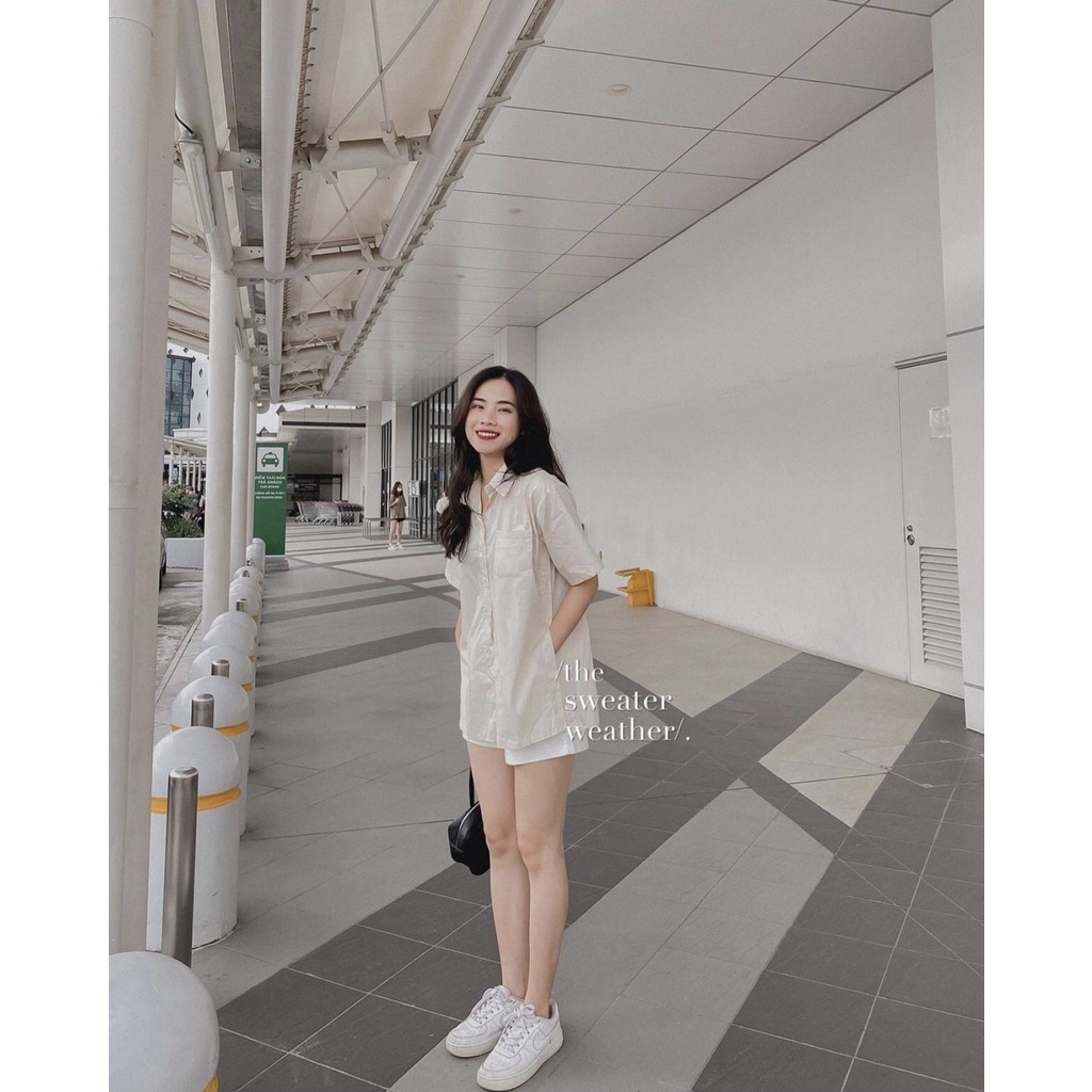 [Ảnh thật] Áo sơ mi thô xẻ vạt lệch cúc sườn basic cộc tay ulzzang