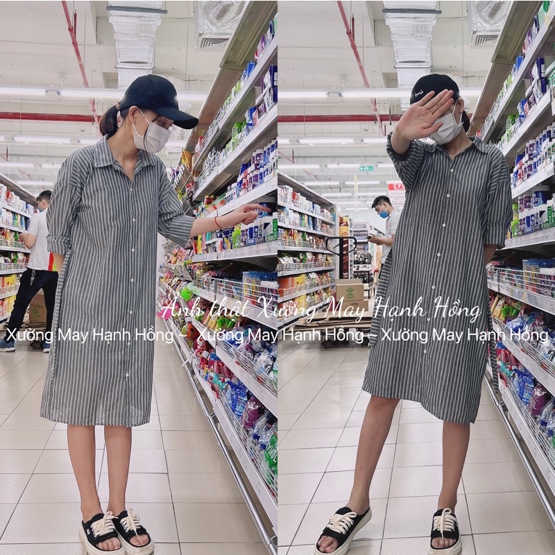 (Ảnh thật) Đầm sơ mi kẻ sọc thoáng khí thời trang mùa thu Pháp, Váy sơ mi dáng suông kèm đai