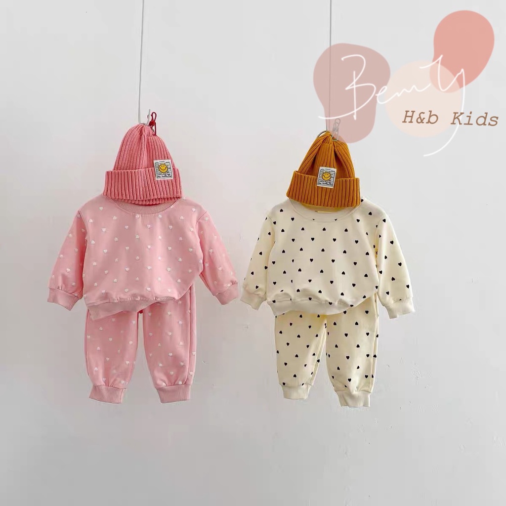 Bộ Nỉ Dài Tay Cho Bé Trai, Bé Gái 10-20kg Chất Da Cá Mềm Hoạ Tiết Tim - AN.KID