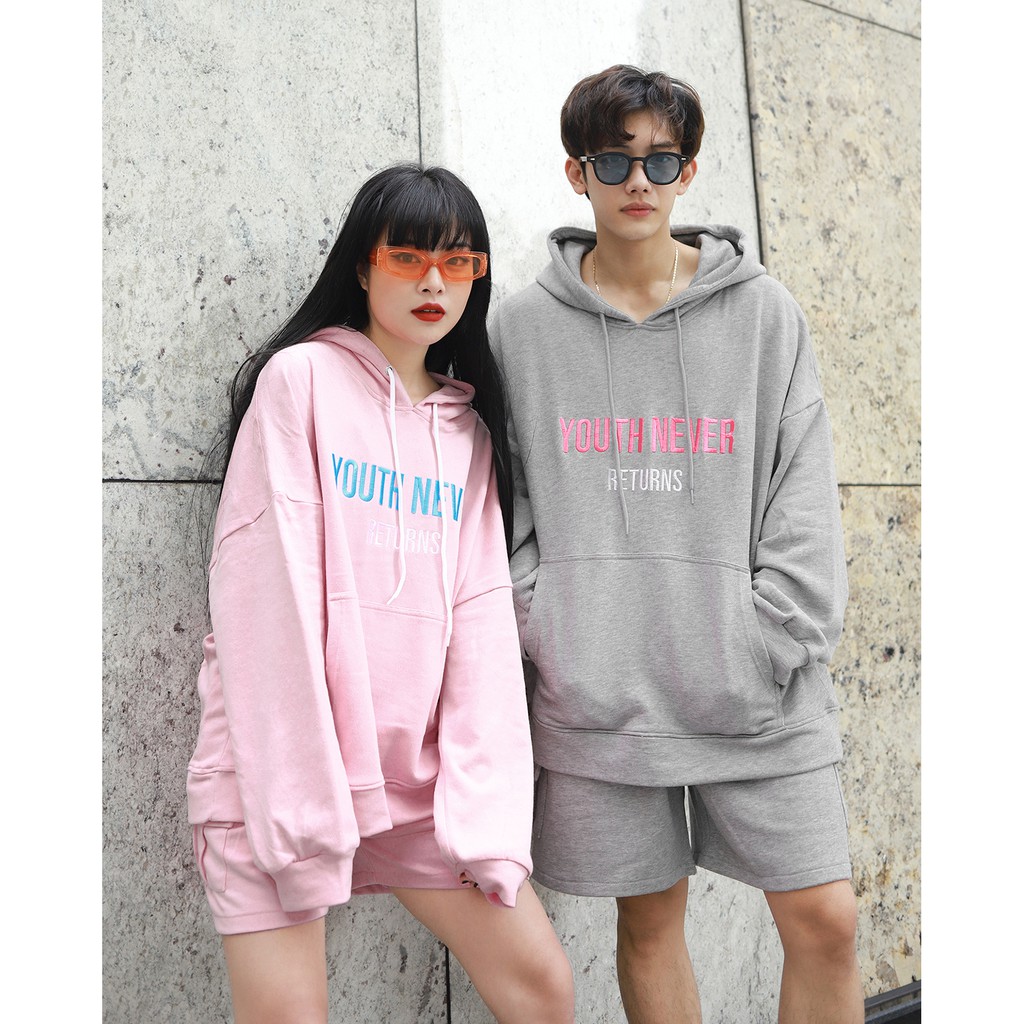 Áo Hoodie Youth Never Returns - Phía Trước Thêu Chữ Tỉ Mỉ - Chất Vải Nỉ Da Cá - Form Oversized Rộng Thoải Mái - Màu Hồng