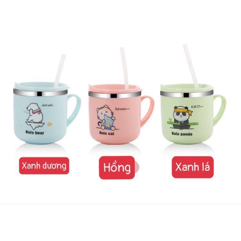 Cốc giữ nhiệt lõi inox chống đổ,không có vạch chia ml, kèm ống hút cho bé