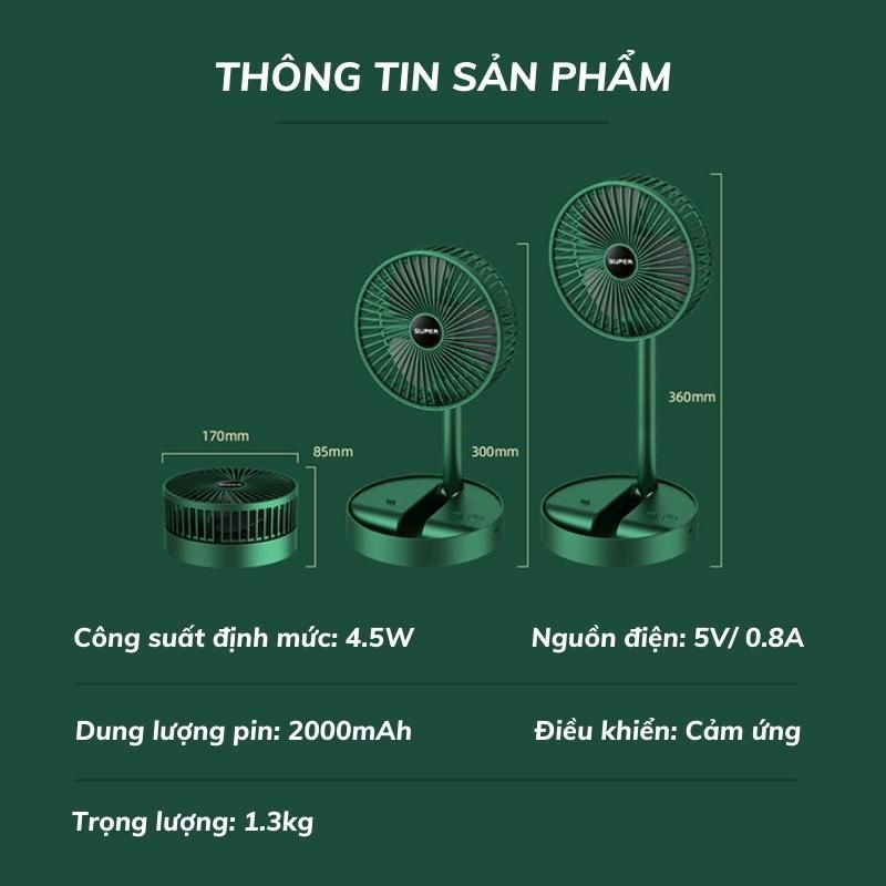 (Giá Sỉ) Quạt tích điện Super để bàn 3 chế độ, gấp gọn và pin trâu chính hãng
