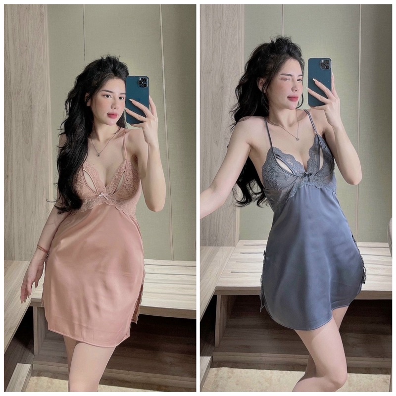 váy ngủ sexy lụa Quảng Châu cao cấp tím -hồng 009