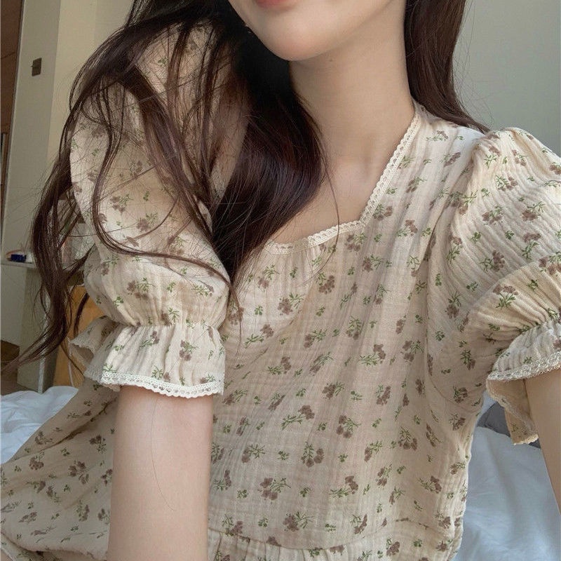 Bộ Đồ Ngủ Áo Tay Phồng Phối Quần Short In Hoa Kiểu retro Hàn Quốc Thời Trang