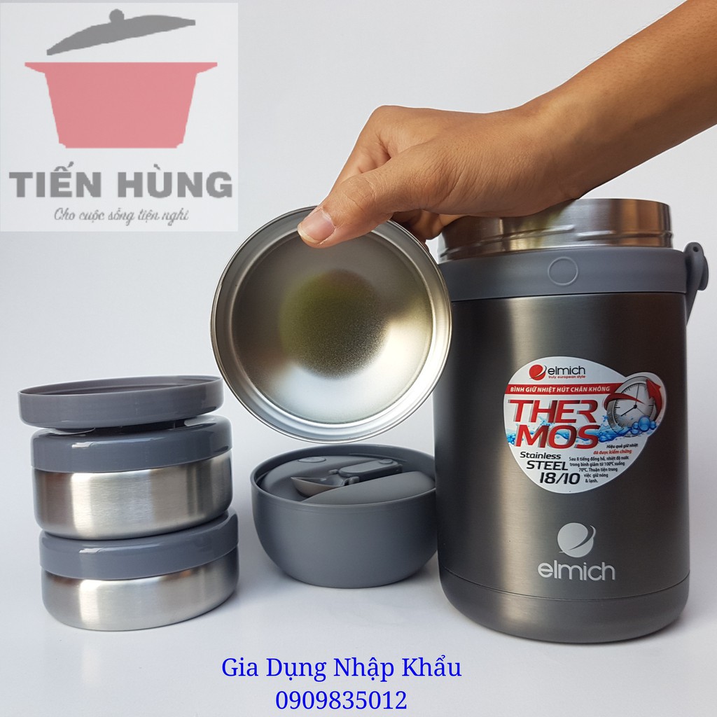 Bình đựng thức ăn giữ nhiệt Elmich 1800ml EL3128 - Cặp lồng giữ nhiệt inox 304 dung tích 1,8L 3 hộp đựng riêng bên trong