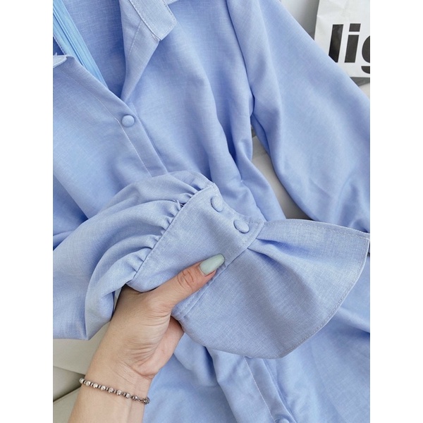 ĐẦM SƠ MI XANH CHIẾT EO TAY DÀI |hình thật chụp trải ghế|
