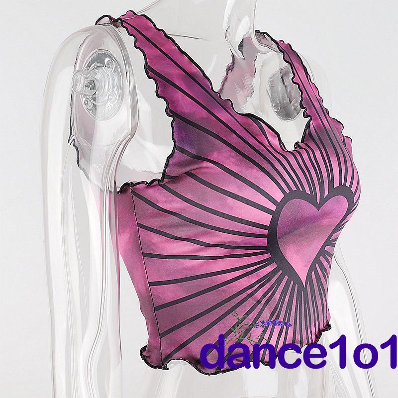 Áo tank top cổ chữ U ôm dáng in họa tiết trái tim quyến rũ cho nữ