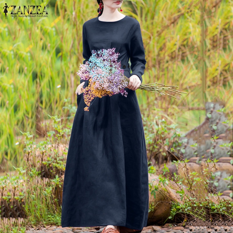 Đầm dài ZANZEA màu trơn chiết eo phong cách retro thời trang cho nữ