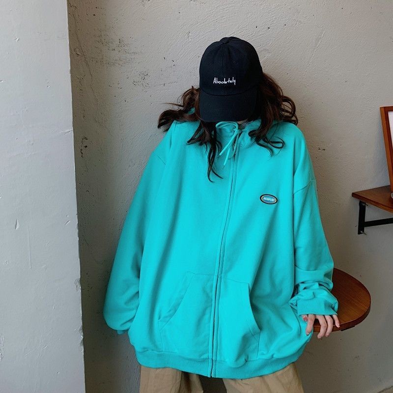 Áo khoác hoodie tay dài dáng rộng màu xanh dương phối khóa kéo phong cách thể thao đường phố cho nữ