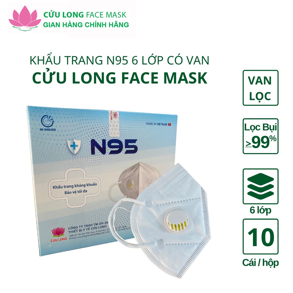 Khẩu trang y tế cao cấp 6 lớp N95 có van Cửu Long Face Mask (Hộp 10 cái)