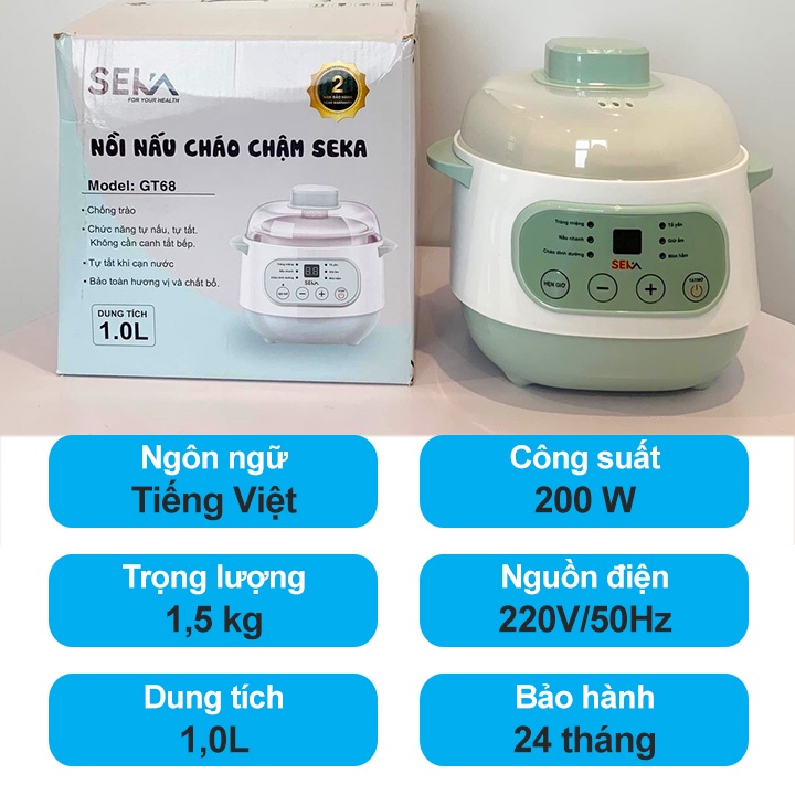 Nồi Hầm, Nấu Cháo Chậm Hẹn Giờ Thông Minh Seka, Cách Thủy 4 in 1 - Nồi Chưng Yến Cực Kì Tiện Lợi Lõi Sứ, Dung Tích 1L-2L