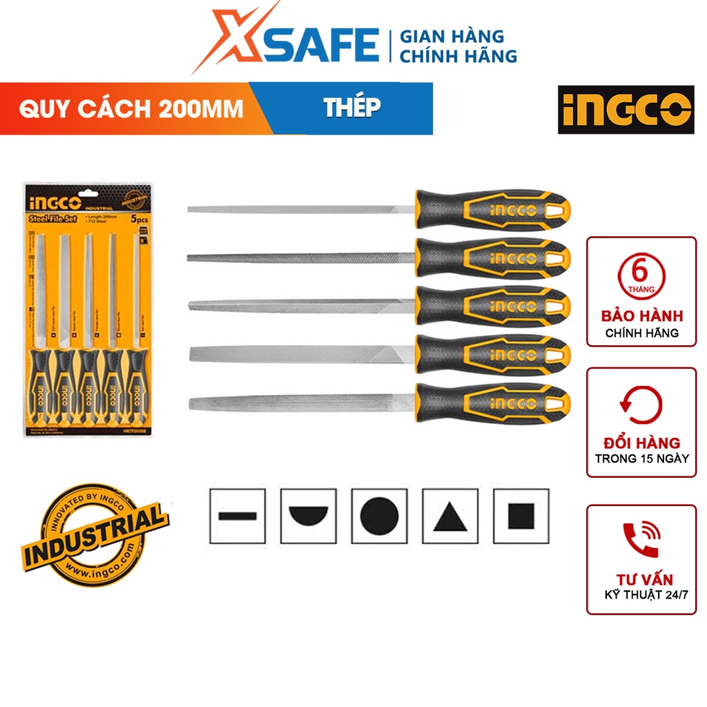 Bộ giũa thép 5 chi tiết INGCO HKTFS0508 quy cách 8&quot;(200mm) - tròn, bán nguyệt, tam giác, dẹp, vuông [CHÍNH HÃNG]