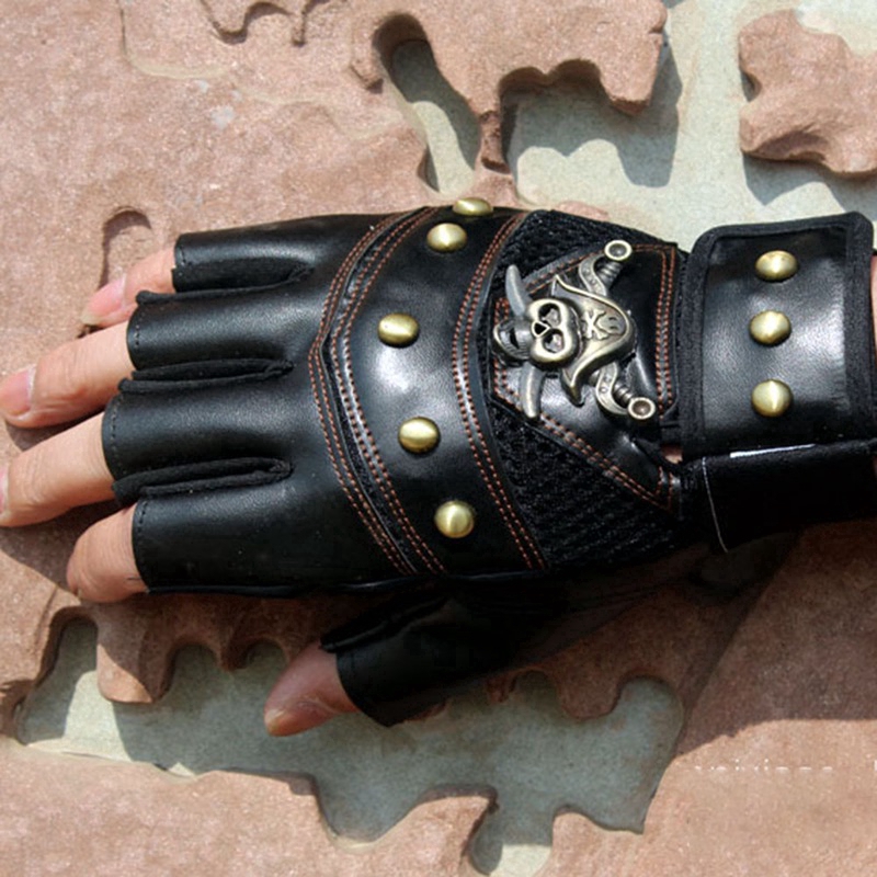 Găng Tay Da Hở Ngón Chống Nắng Thoáng Khí Họa Tiết Đầu Lâu