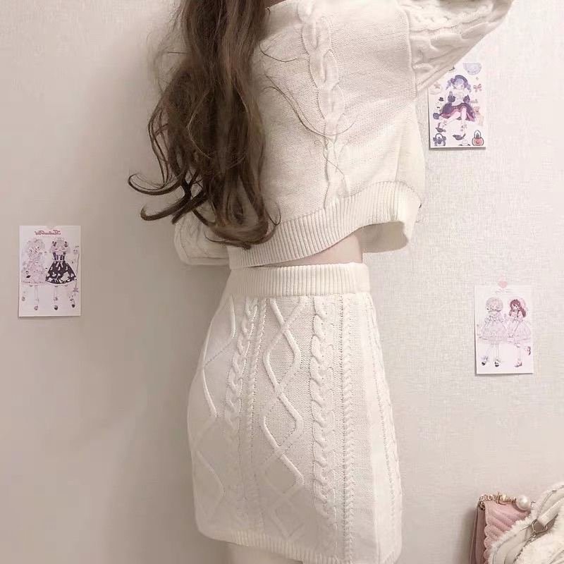 Set Váy Len Nữ Thu Đông Bộ Váy Len Hàn Áo Croptop + Chân Váy Ôm Thiết Kế Len Đan Siêu Dễ Thương