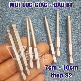 mũi mở vít, lục giác, dạng đầu bi. Dài 7cm và 10cm. đuôi 6,3mm, dùng với máy bắn vít, máy khoan cầm tay
