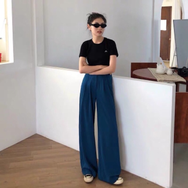 Quần ống rộng nữ lưng cao Delys quần suông nữ cạp cao màu xanh coban