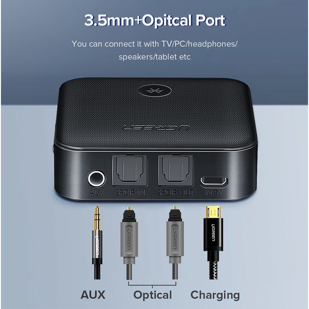 Bộ Thu Phát Bluetooth 5.0 Cao Cấp Ugreen 70158 - Hỗ Trợ Aux 3.5mm, Optical - Dùng Cho Tivi, Loa, Amply...