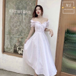 Đầm xòe trễ vai dây rút có mút ngực