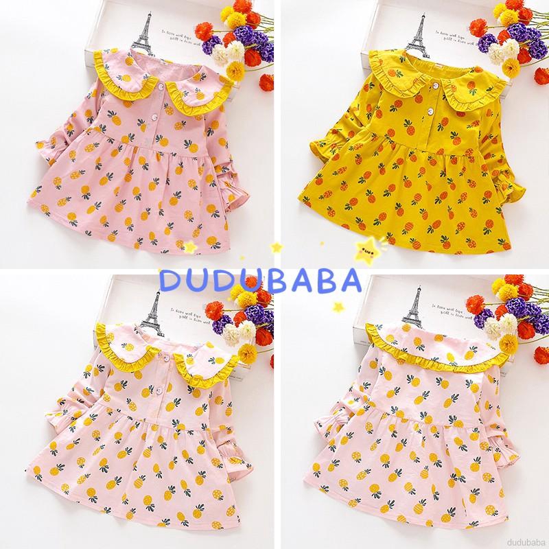 Đầm xòe dài tay cổ bèo in họa tiết dễ thương dành cho bé 1-4 tuổi