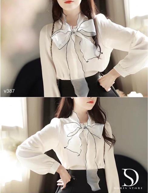 Áo sơ mi nữ cổ nơ viền đen m65 | BigBuy360 - bigbuy360.vn